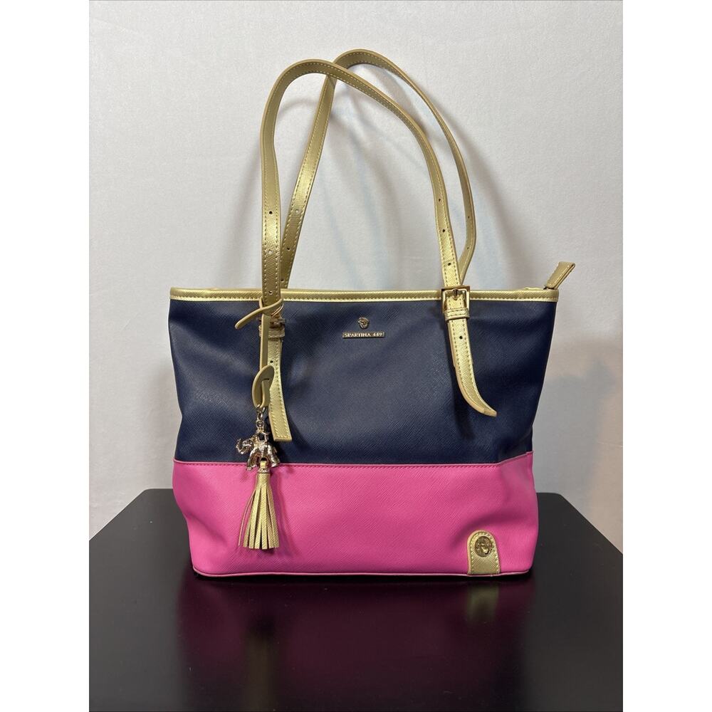 Spartina 449 Retreat Tote Bag Pink Navy Blue Gold Elephant Charm Leather 13"